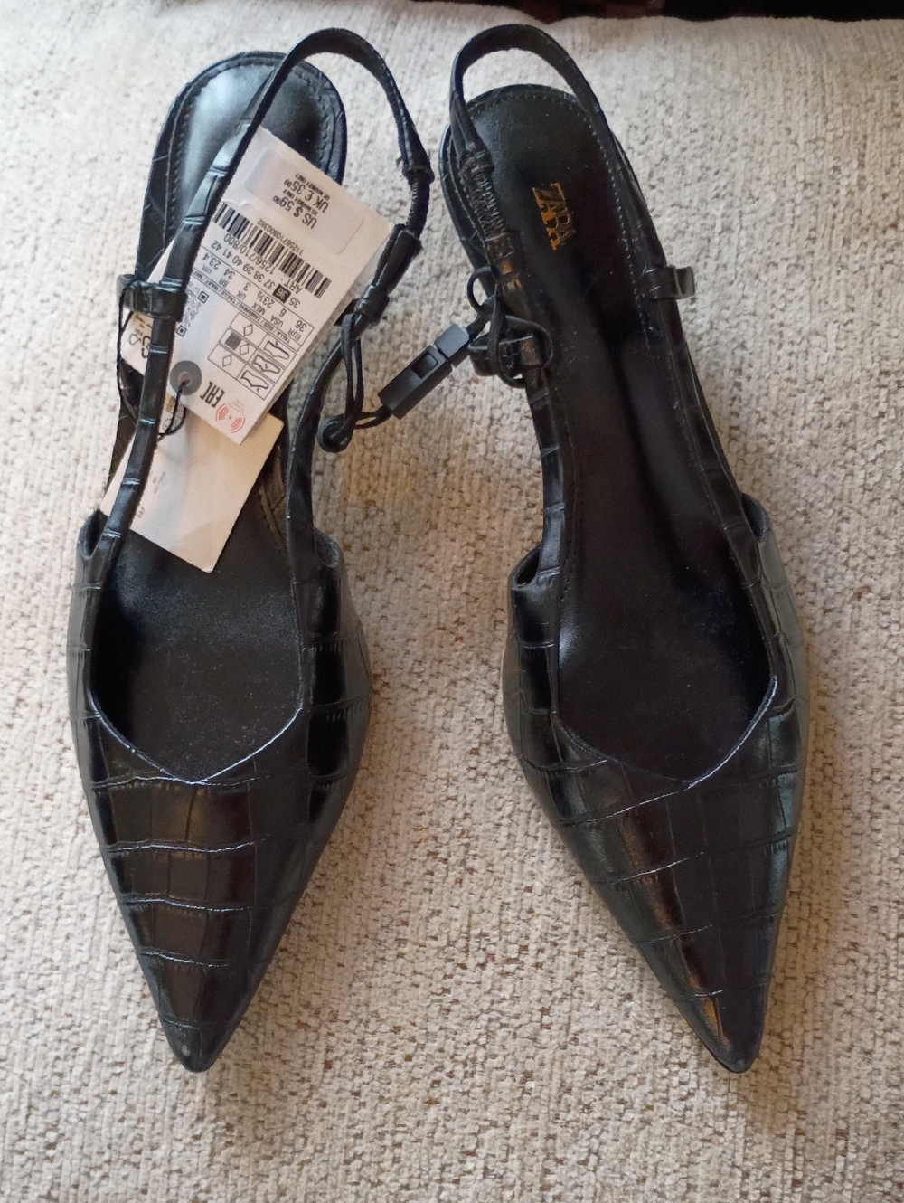 Zara Black Croc-Textured Pointed Slingback Flats